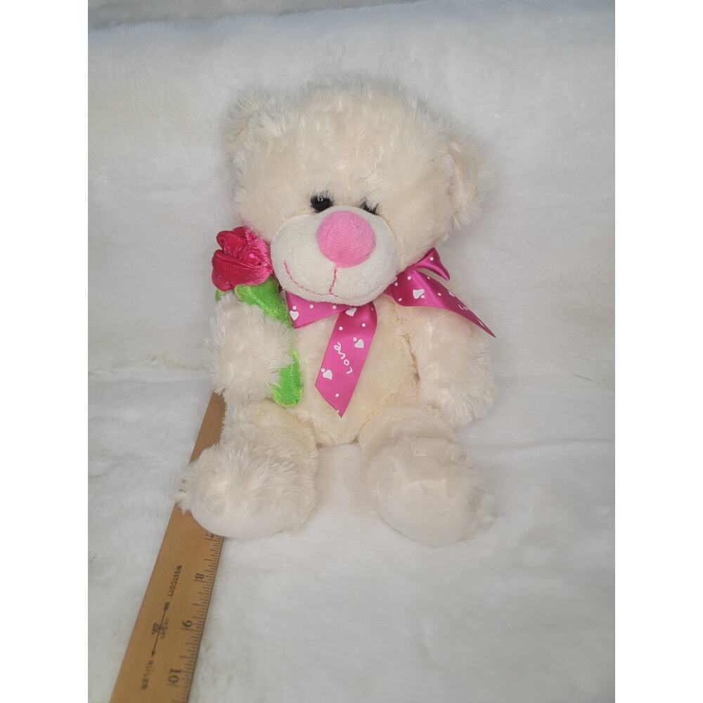 Vtg Kellytoy LOVE BEAR White Holding Pink Rose